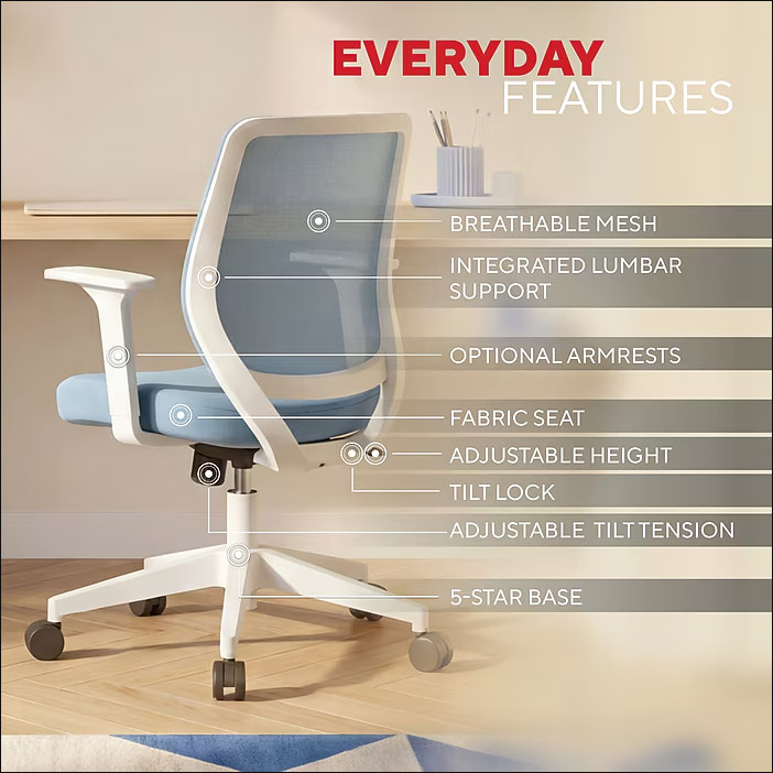 Staples Essentials Ergonomic Fabric Swivel Task Chair, Light Blue gallery
