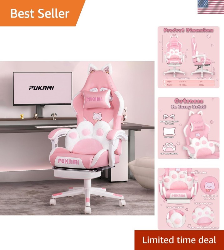 Pink Gaming Chair With Cat Ears And Cat Paw Lumbar Cushion, Ergonomic Computer