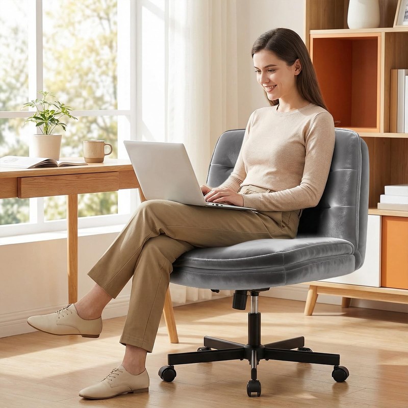Cross Legged Office Chair, Armless Desk Chair Cute Vanity Chair with Wheels C... gallery