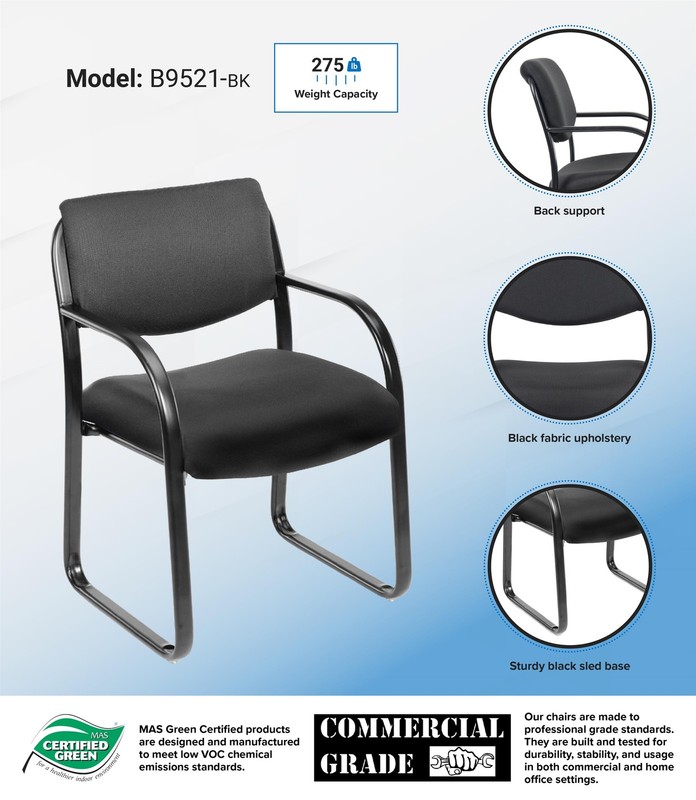 Boss Office Products Fabric Sled Base Guest Chair with Arms in Black Fabric gallery