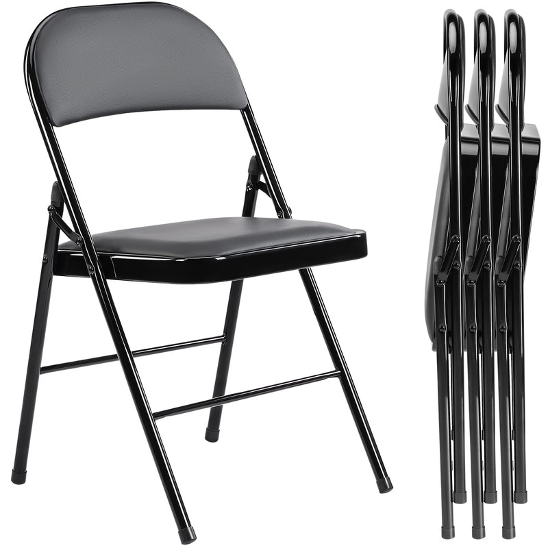 DUMOS 4 Pack PU Leather Padded Folding Chair, for Indoor 4 Pack, Coal Black