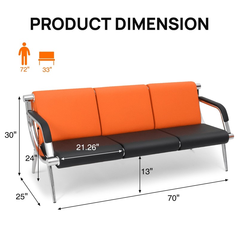 3-Seat Reception Chair Airport Office Visitor Guest Waiting Room Bench Orange gallery