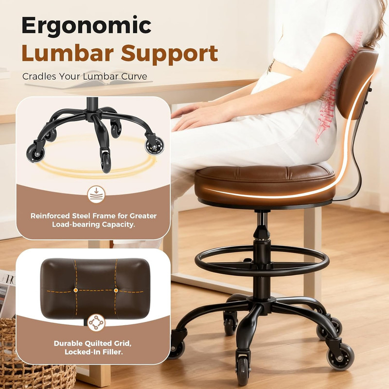 Adjustable Drafting Chair with Footrest & Wheels for Office & Home (Brown) gallery