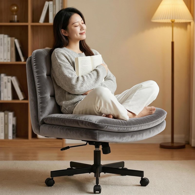 Cross Legged Office Chair, Armless Desk Chair Cute Vanity Chair with Wheels C…