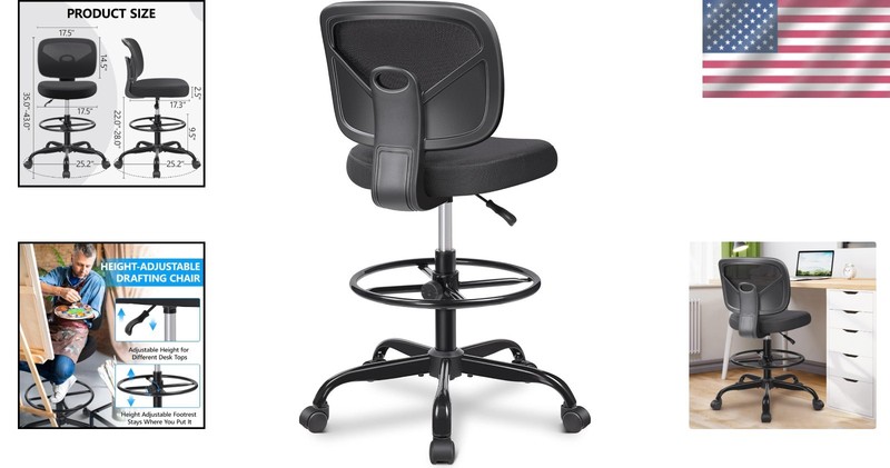 Ergonomic Tall Drafting Desk Chair - Adjustable Height, Breathable Mesh, Armless gallery