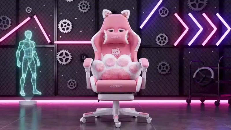 Pink Cat Ears Gaming Chair PU Leather Reclining Office Chair Footrest gallery