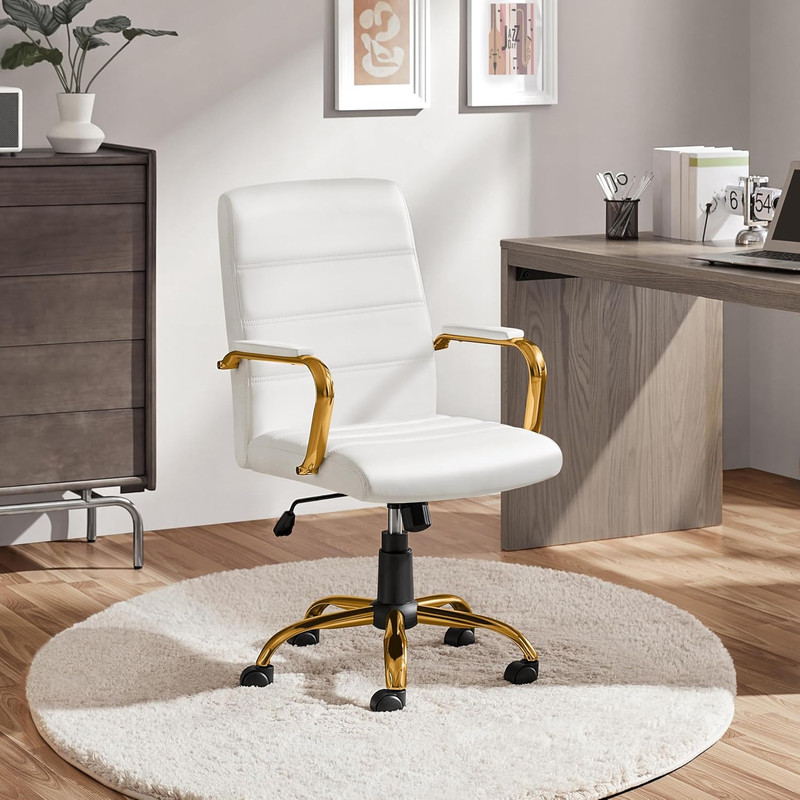 Elegant White PU Leather Mid-Back Office Chair with Gold Legs and Lumbar Support gallery