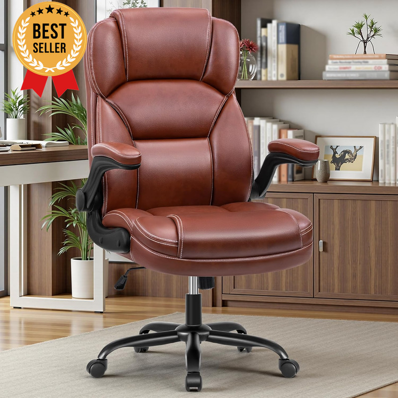 PU Leather Mid-Back Office Chair Adjustable Swivel Rolling Flip Armrests