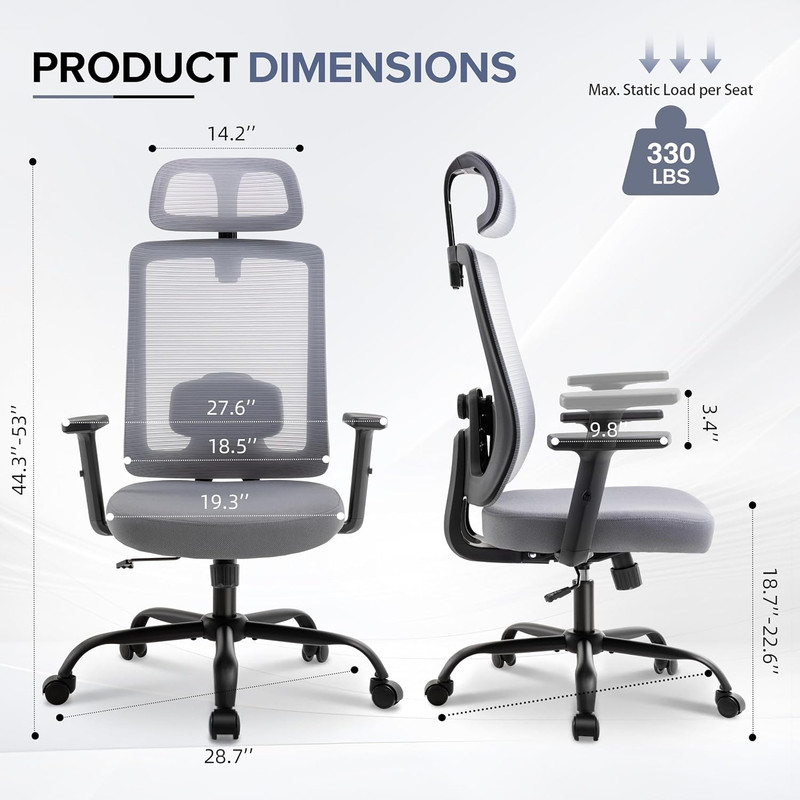 Set of 2 Ergonomic Mesh Office Chairs with Headrest and Flip-Up Arms, Grey gallery