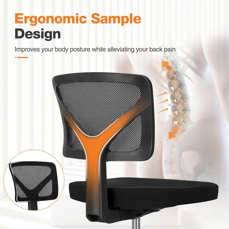 Compact Armless Desk Chair with Mesh Back & Wheels - Comfortable for Home/Office gallery