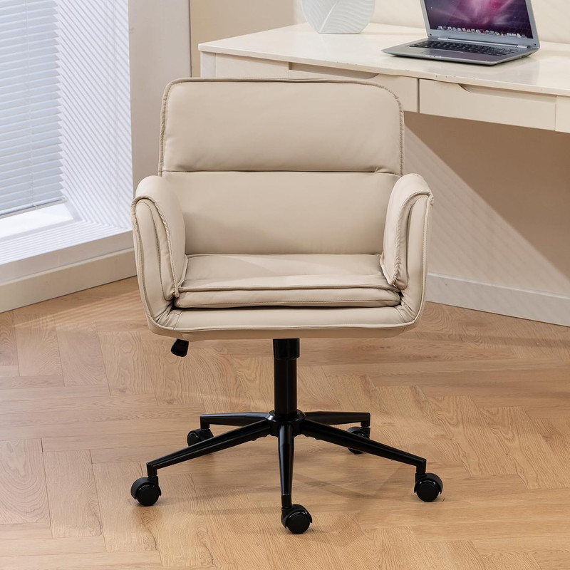 Ergonomic Criss Cross Chair with Adjustable Armrests and Wheels - Beige PU gallery
