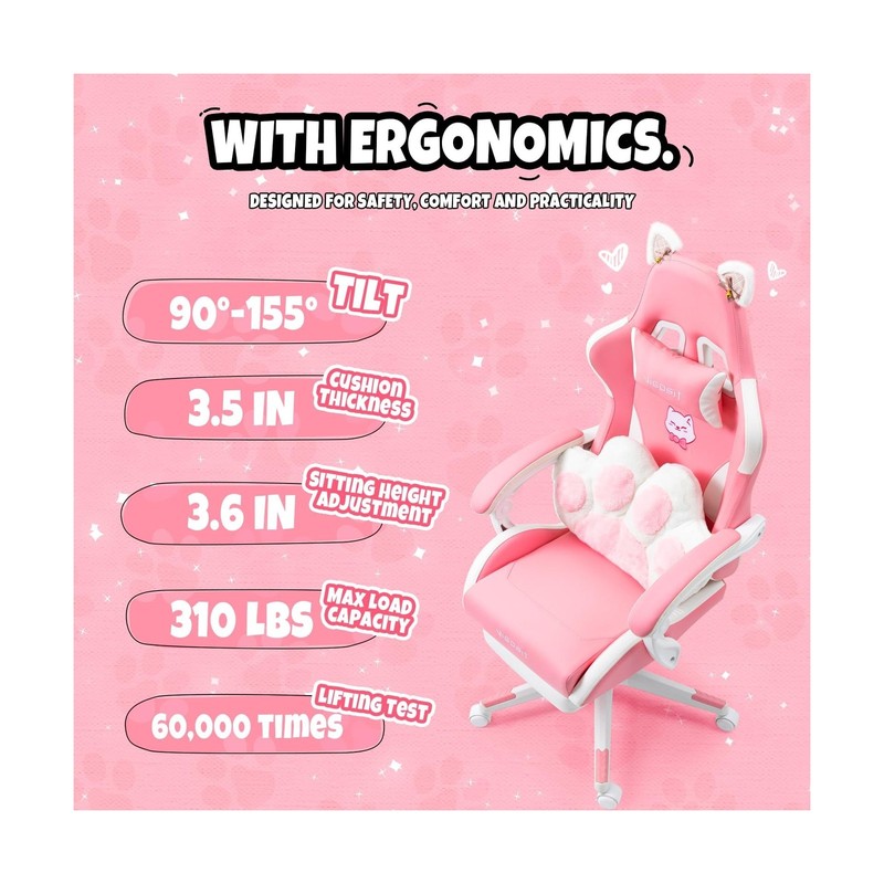 Girl Cat Pink Ears Leather Gaming Chair w/ Ergonomic Adjustable Lumbar Support gallery