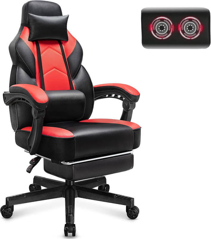 Ergonomic Gaming Chair with Footrest & Massage Support - 330Lb Capacity (Red)