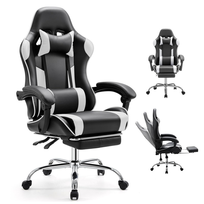 Ergonomic Gaming Office Desk Chair with Footrest and Headrest, PU Leather Vid…