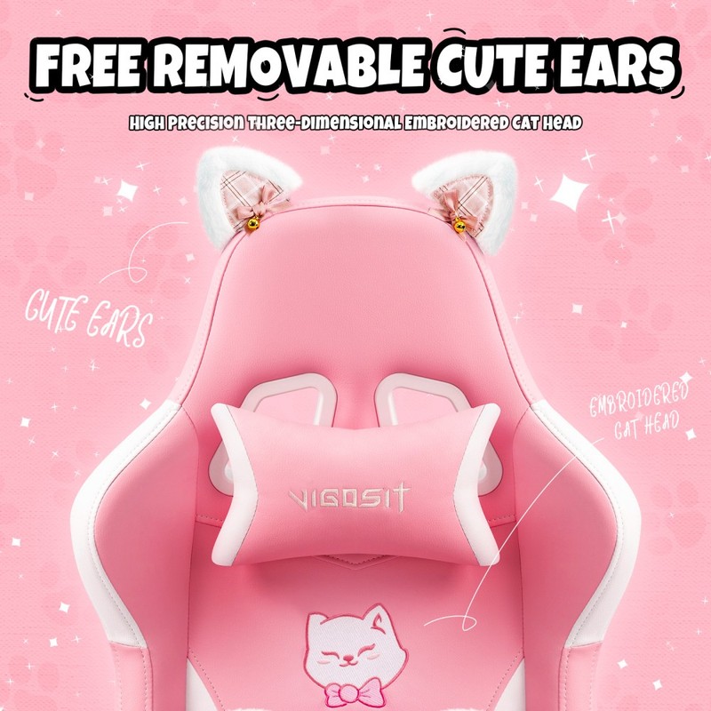 Cat Ears Pink Gaming Chair - Pink PU Leather Ergonomic Reclining Office Chair gallery