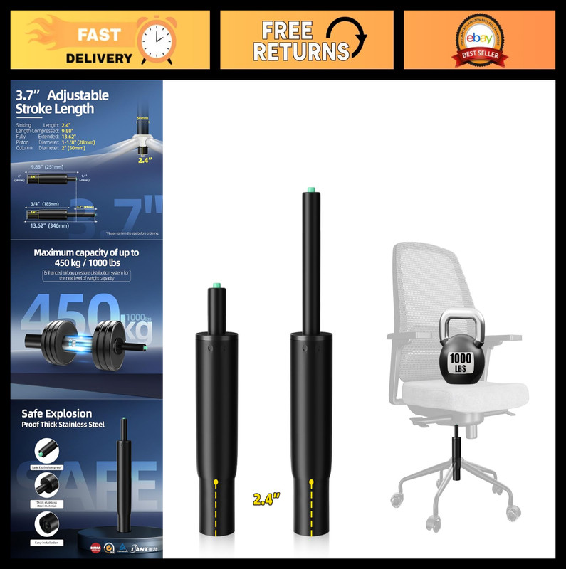 Short Office Chair Cylinder Replacement 7″-11″, Heavy Duty 1000 lbs, Lowers Seat