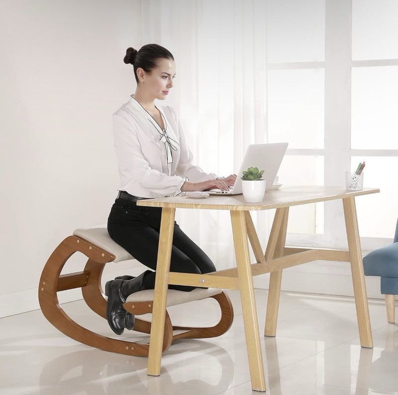Ergonomic Kneeling Chair Rocking Wooden Posture Stool with Linen Cushion gallery