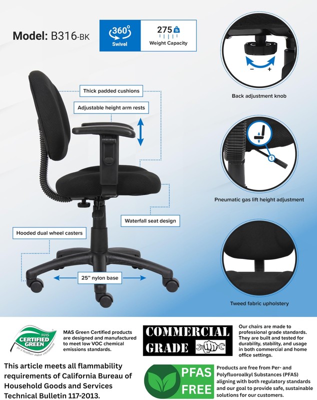 B316-BK Perfect Posture Delux Fabric Task Chair with Adjustable Arms in Black... gallery
