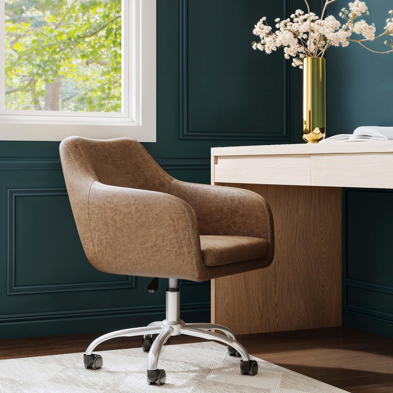 Linon Colton Upholstered Office Chair with Wheels in Vintage Brown Faux Leather gallery