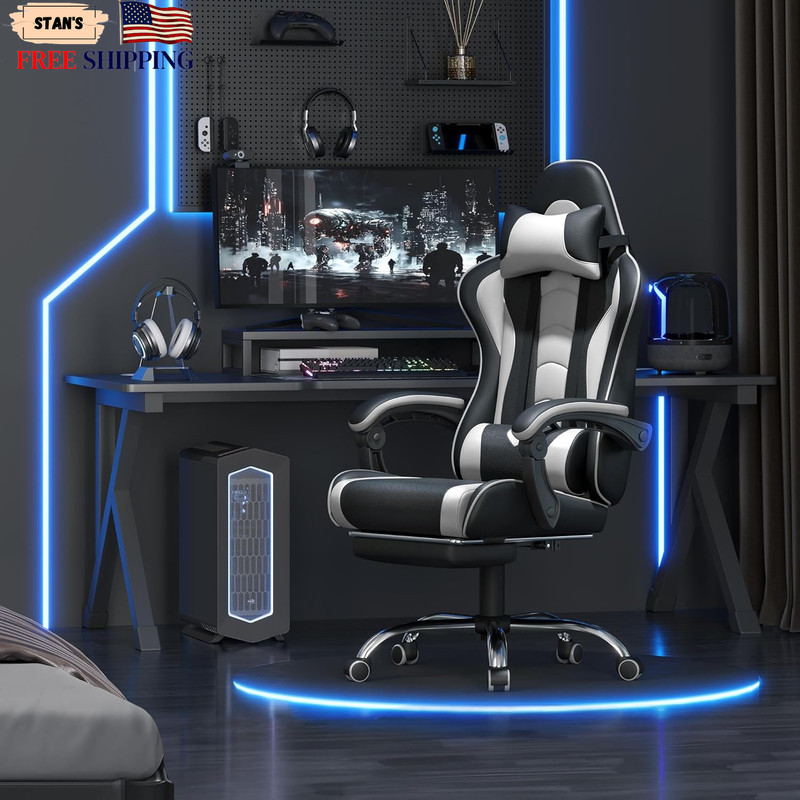 Gaming Chair Video Game Chair with Massage Lumbar Support and Footrest Height Ad