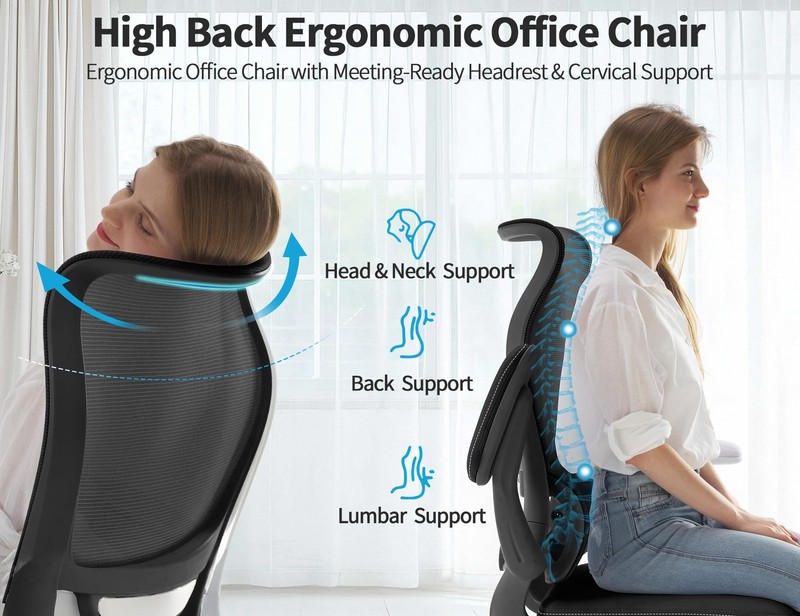 Ergonomic Office Chair Wave High Back Adjustable Lumbar Mesh PU Leather Black gallery