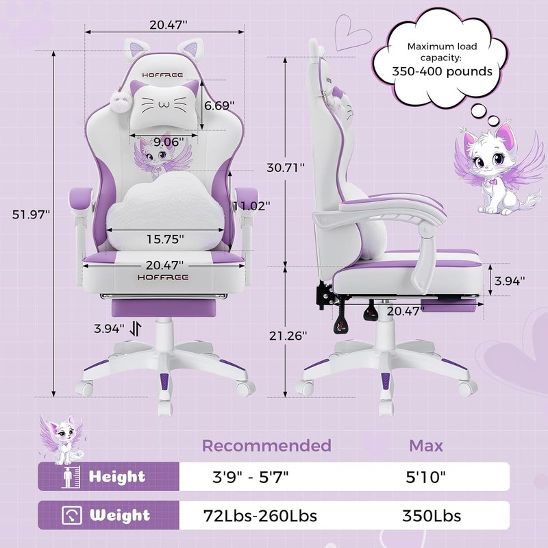 Gaming Chair for Girls with Cat Ears and Cloud Massage Lumbar Cute Computer Ch.. gallery