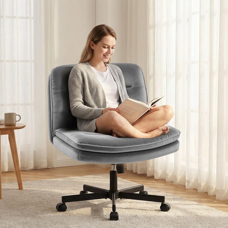 Cross Legged Office Chair, Armless Desk Chair Cute Vanity Chair with Wheels C...