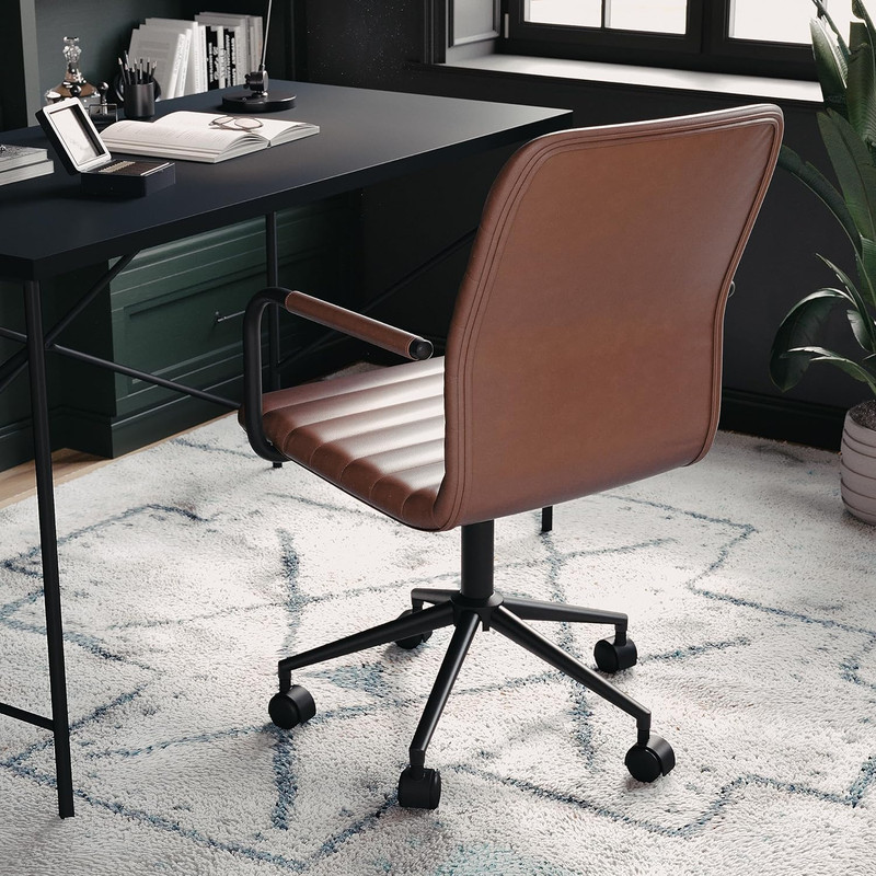 Saddle Brown Faux Leather Swivel Task Chair with Armrests and Bronze Frame gallery