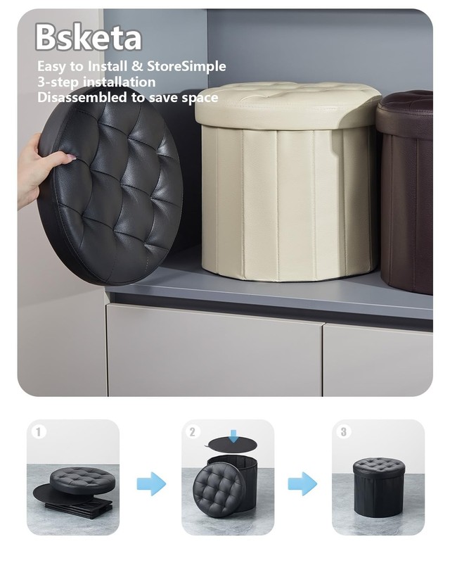 Bsketa® Folding Storage Ottoman Round 14" x 14"D x 14"W x 13"H, Black 1 Pack gallery