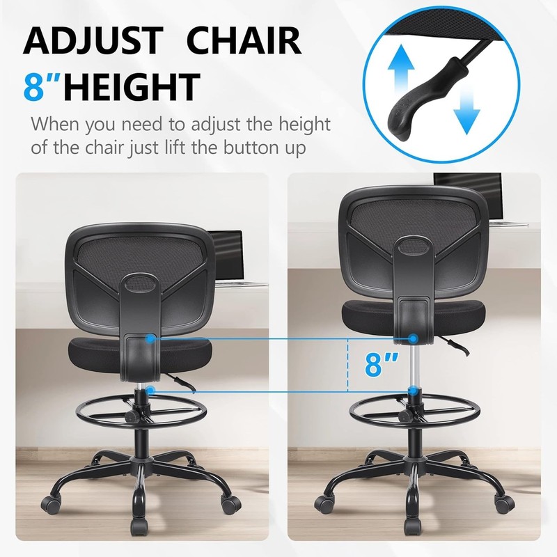 Ergonomic Tall Drafting Desk Chair - Adjustable Height, Breathable Mesh, Armless gallery