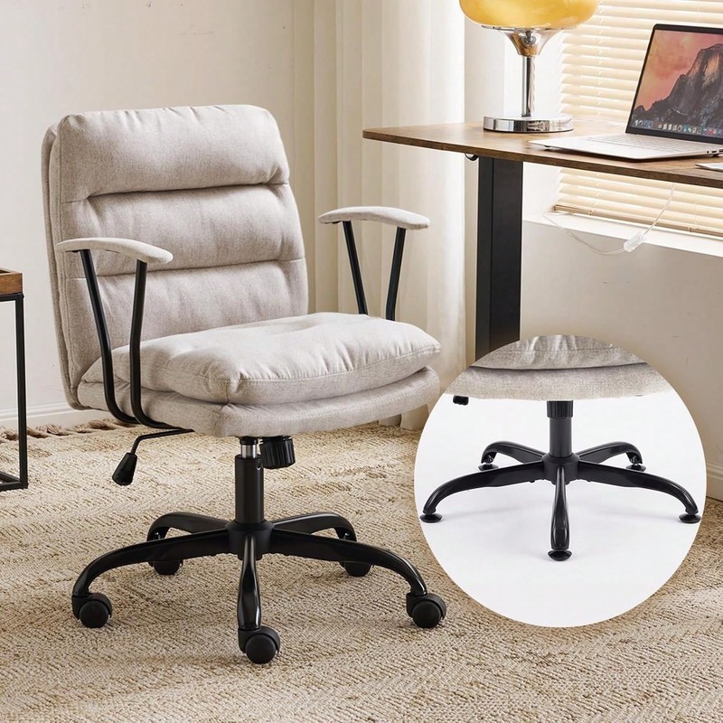 Light Grey Linen Fabric Adjustable Swivel Office Chair Removable Armrests Dual
