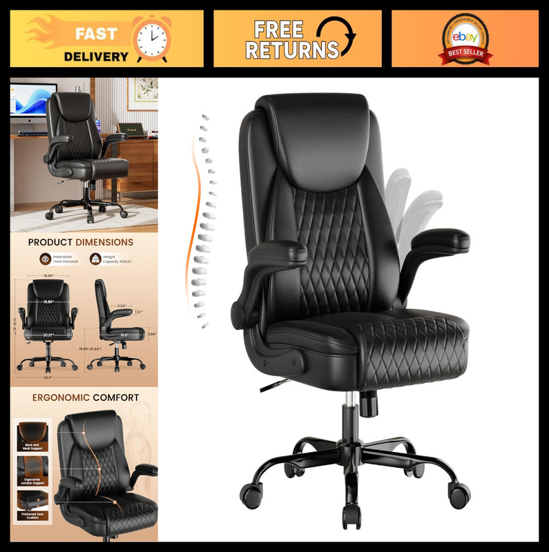 Ergonomic Leather Office Chair with Flip-up Arms – Heavy Duty Gaming Desk Chair