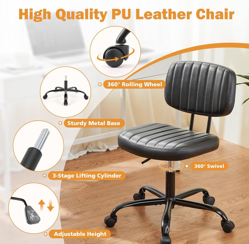 Small Office Desk Chair - Armless PU Leather with Comfy Lumbar Support, Height A gallery