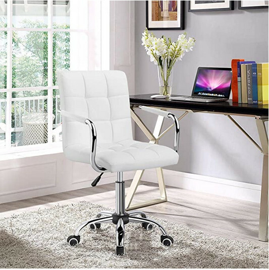 Yaheetech White Desk Chair with Wheels/Armrests Modern PU Leather Office Chair