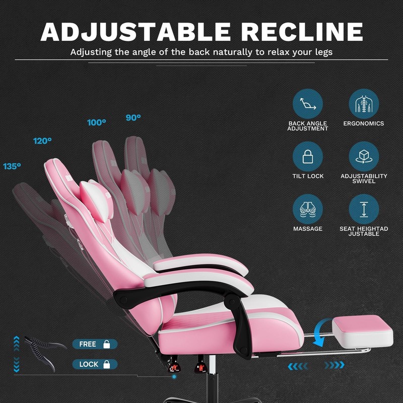 Pink Gaming Comfy Computer Chair With Footrest For Girls Ergonomic gallery