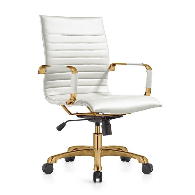 LeisureMod Harris Modern Leather Swivel Gold Office Chair in White