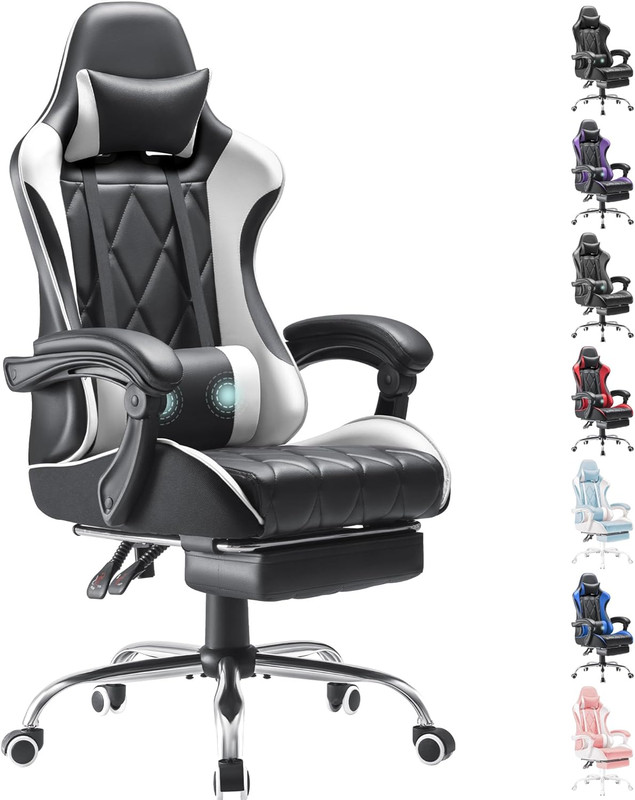 Gaming Chair, Computer Chair with Footrest and Massage Lumbar Support, Ergonomic