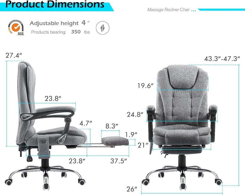 Ergonomic Office Chair Fabric Reclining with 7 Massage Points & Heat Function gallery