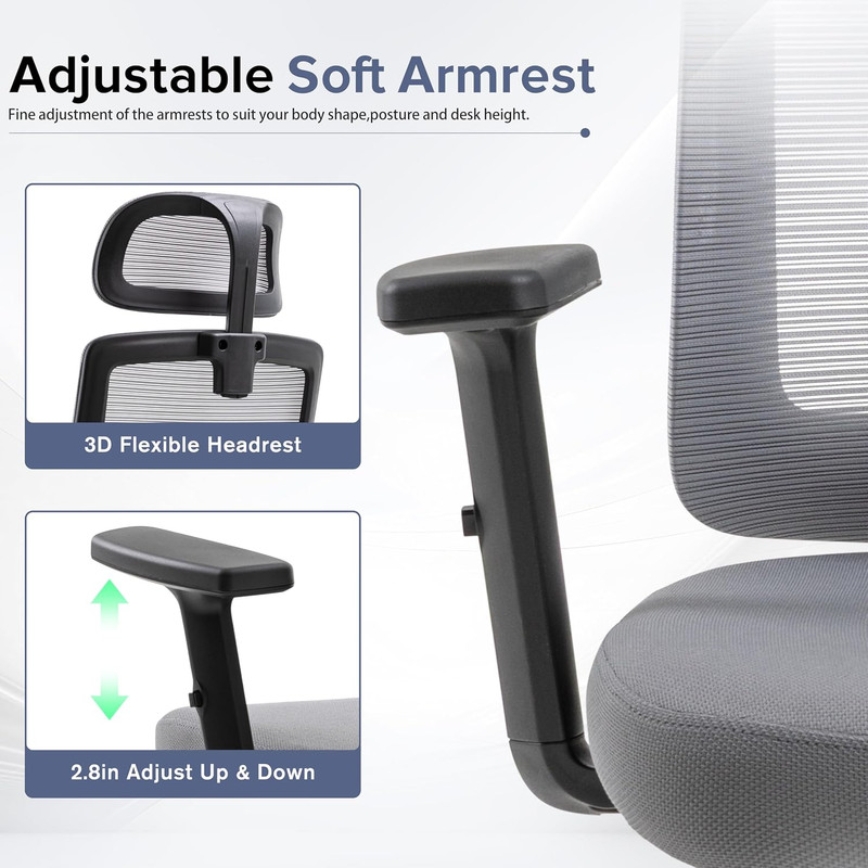 Set of 2 Ergonomic Mesh Office Chairs with Headrest and Flip-Up Arms, Grey gallery