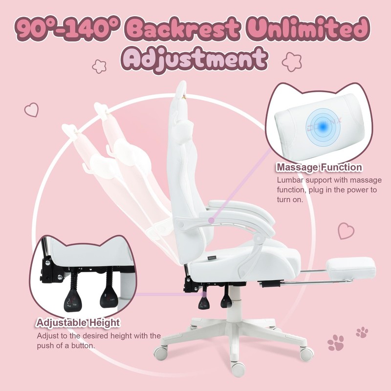 Gaming Chair Cute with Cat Ears and Massage Lumbar Support, Ergonomic Compute... gallery