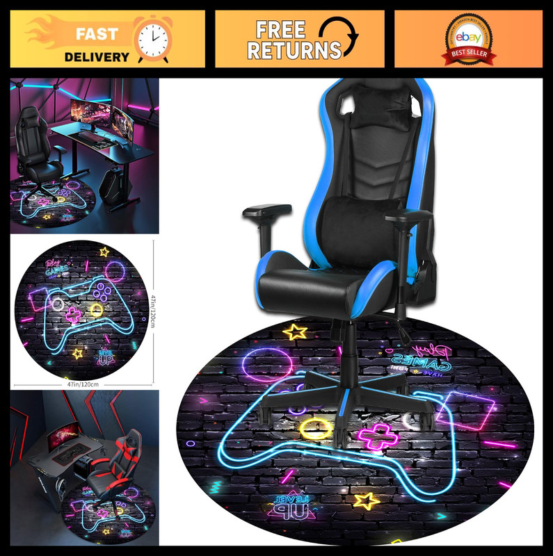 47″ Round Gaming Chair Mat – Anti-Slip Carpet for Hardwood Floor, Neon Graffiti