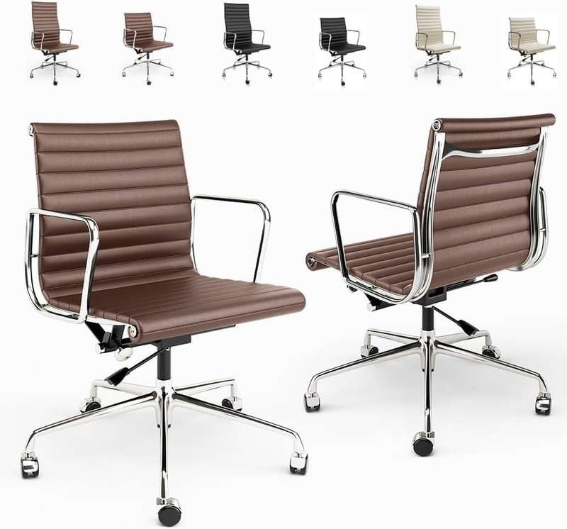 High Mid Back Ribbed Office Chair Genuine Leather Executive Seat Sviwel Armchair gallery