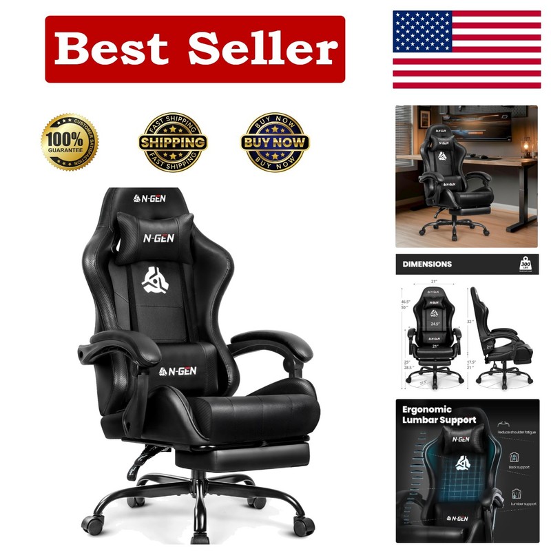 Ergonomic Gaming Chair with Lumbar Support & Footrest – Adjustable Black Leather